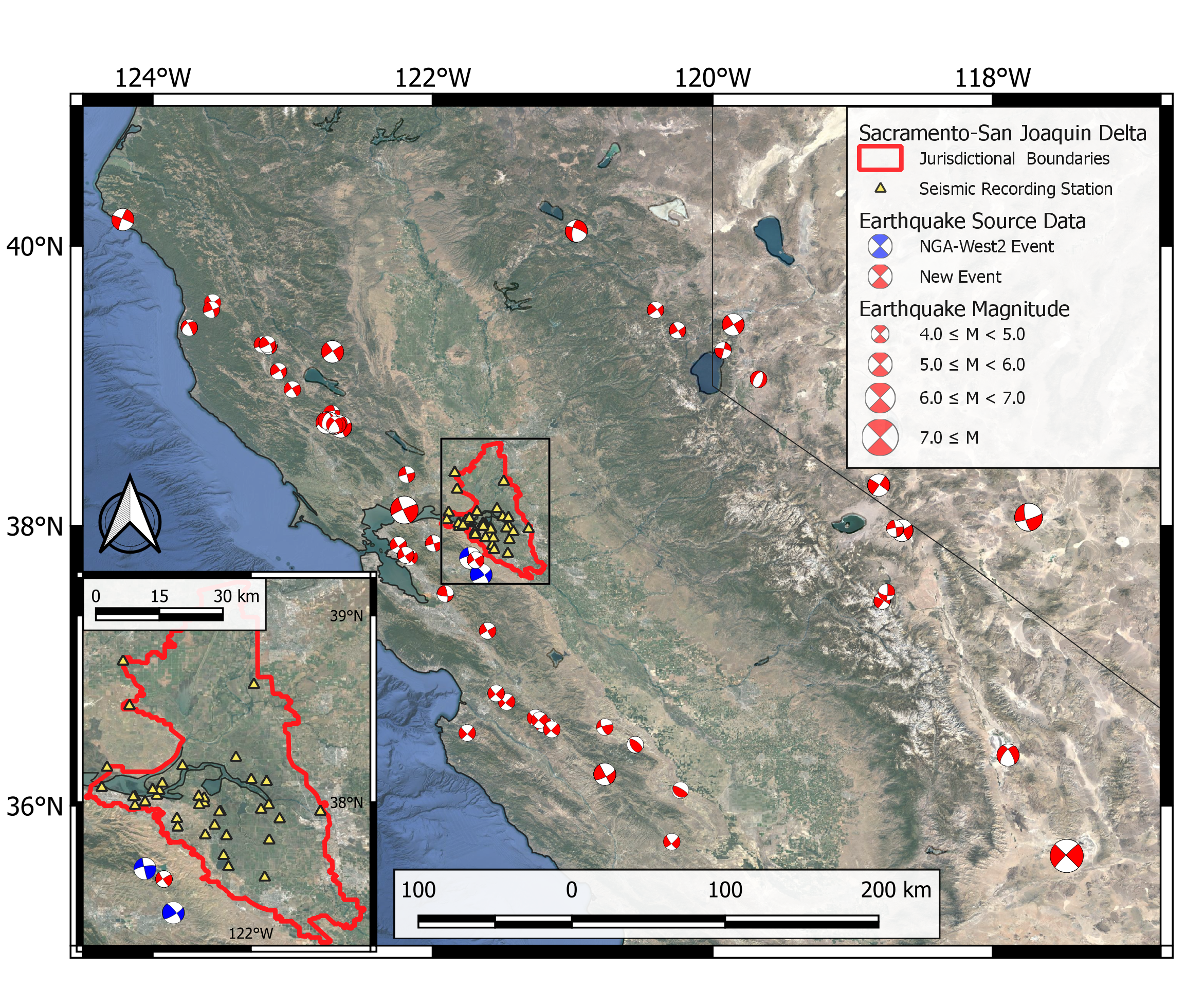 Map of California/Nevada showing locations of earthquakes and seismic stations in the Delta with an inset zoomed in map of the Delta.